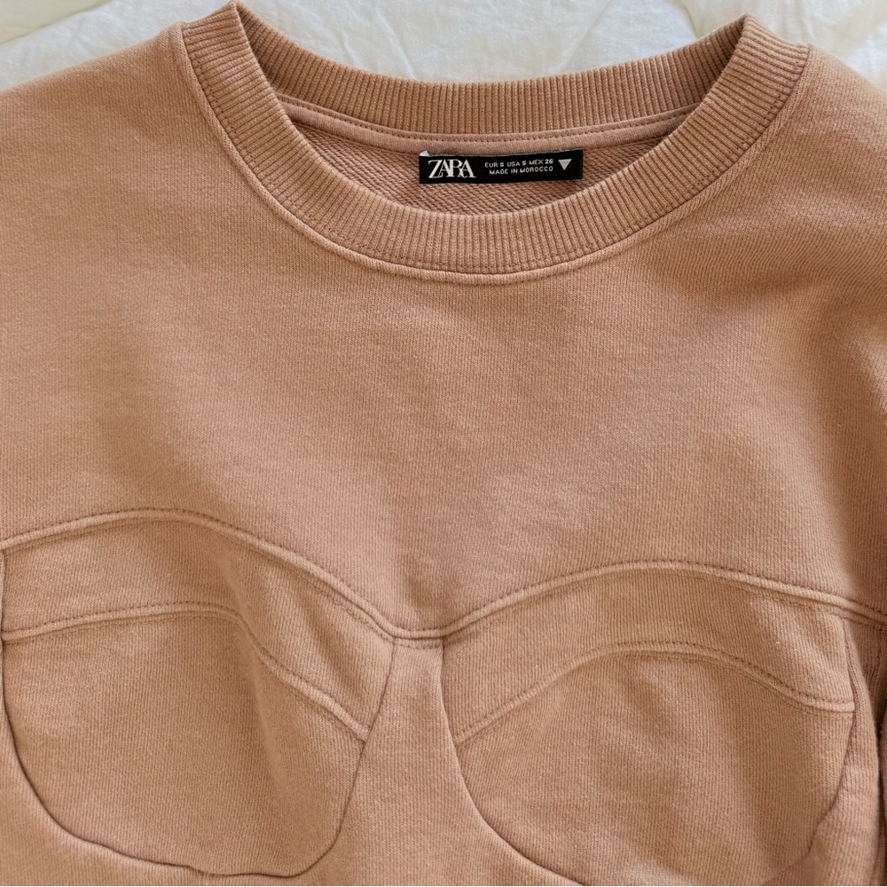 Zara Bustier Stitch Sweatshirt Beige Crewneck Cotton Size S Neutral - Picture 7 of 8